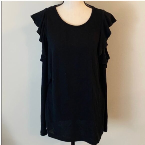 Pleione Black Rayon Cold Shoulder Ruffle Top size XL - Picture 2 of 7